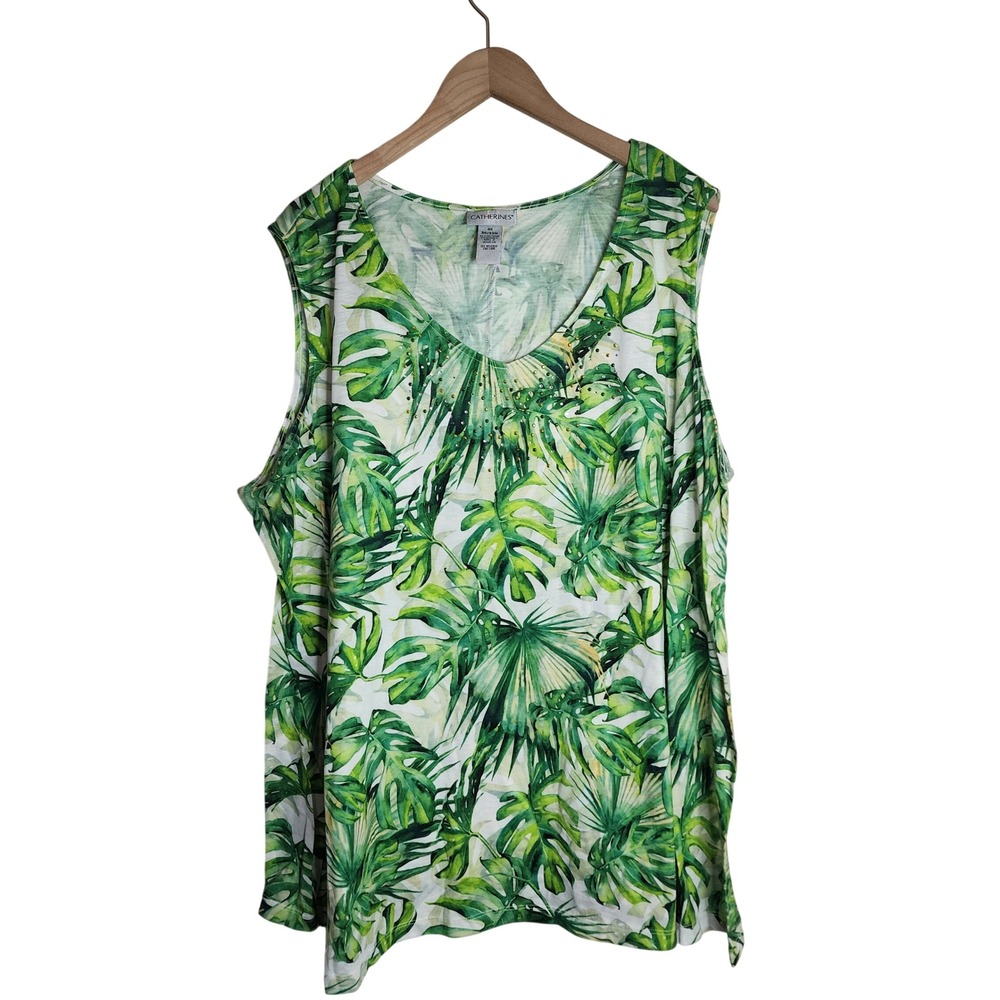 Catherines Tank Top Womens 4X 30/32W Green Tropical Palm Leaf V-Neck Sleeveless